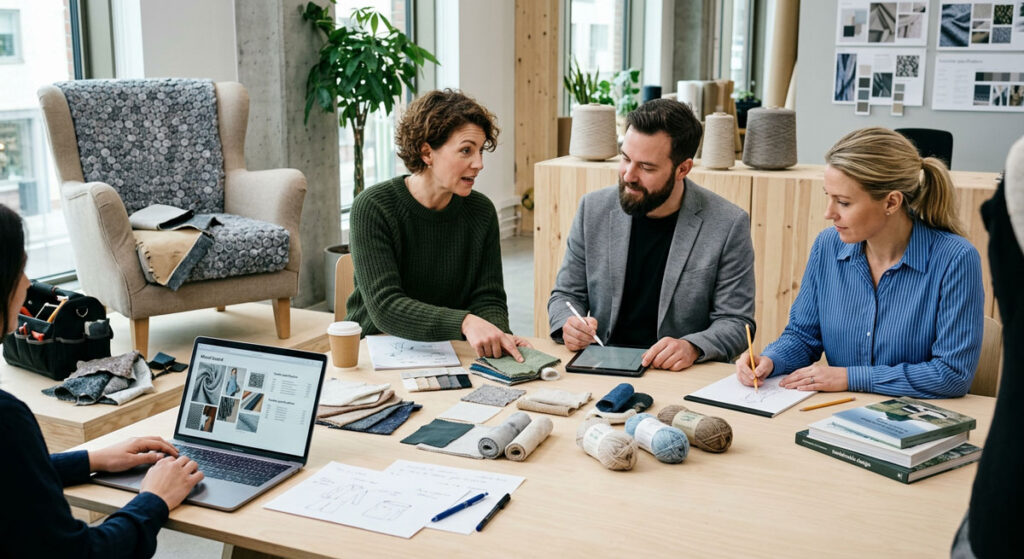 Arbetsgrupp Slut cirkeln textil där gruppen diskuterar cirkulär textil runt ett bord