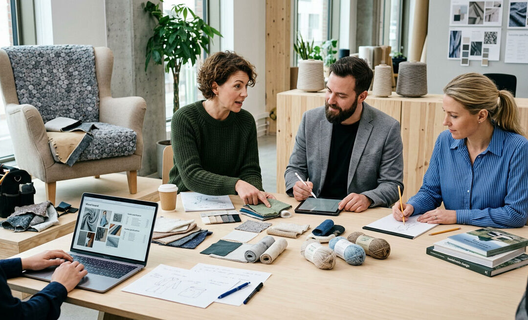 Arbetsgrupp Slut cirkeln textil där gruppen diskuterar cirkulär textil runt ett bord